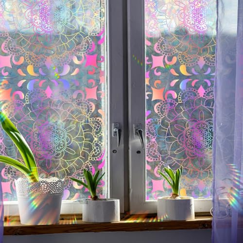 Fasbuy Fensterfolie Blickdicht Selbstklebend, Statisch Haftende Folie Fenster Anti-UV Privatsphäre Sichtschutzfolie Fenster Milchglasfolie für Badezimmer Wohnzimmer (Mandala Stil,43x200cm)