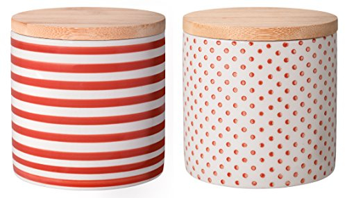 Bloomingville Dosen Isabella Aufbewahrung Behälter Topf Pott luftdicht Ø 10 x H 10 cm, rot, Keramik, Bambus, 2er Set, fasst ca. 400 ml