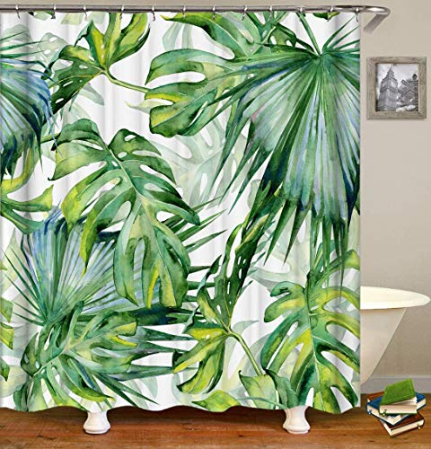 Langde Duschvorhang Polyester, Wasserdicht, 180x200 cm, Anti-Bakteriell, Anti-Schimmel, Waschbar, Blatt Muster, mit 12 Ringe, Bad Vorhang Tropisch Wald Monstera für Badezimmer Badewanne – Grün