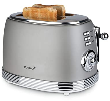 Korona 21667 Toaster | 2 Scheiben | Retro Design | Grau | 6 Bräunungsstufen | Retro | Auftauen,Rösten,Aufwärmen | 850 Watt | Brötchenaufsatz | Krümelschublade | Brotscheiben-Zentrierung