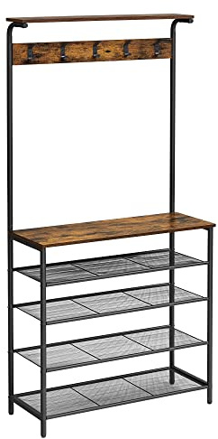 VASAGLE Hall Tree with Shoe Bench, Coat Rack Shoe Bench, 5-Tier Shoe Rack Different Heights, 5 Dual Hooks, Top Shelf, Entryway Organizer, Hallway Bedroom Dorm, Rustic Brown and Black UHSR408B01