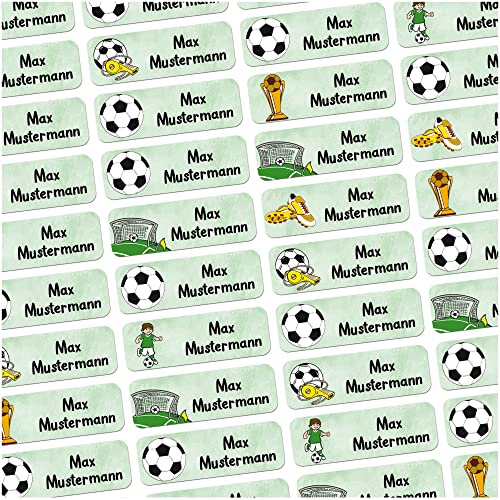 Namensaufkleber Fußball personalisiert wasserfest 60 Stück Schule Kita | Namenssticker mit Wunschname für Brotdose Trinkflasche Stifte Schule Federmappe Kindergarten Schulstart spülmaschinenfest