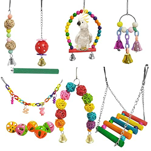 Budgie Toys - 9st fågelgunga tuggleksaksset med klockor | Bells Cage Leksaker för papegojor Underhållning, Parakiter Lovebirds Rottingbollar Träningsleksaker Qihuyi