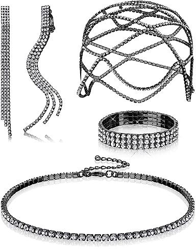 Kakonia 4 Pezzi Strass Set Di Gioielli Per Donna 1920 Copricapo Catena Testa D'argento Collana Vintage Bracciale Orecchini Lunghi Con Nappe Orecchini Da Sposa Gioielli Da Sposa Nero