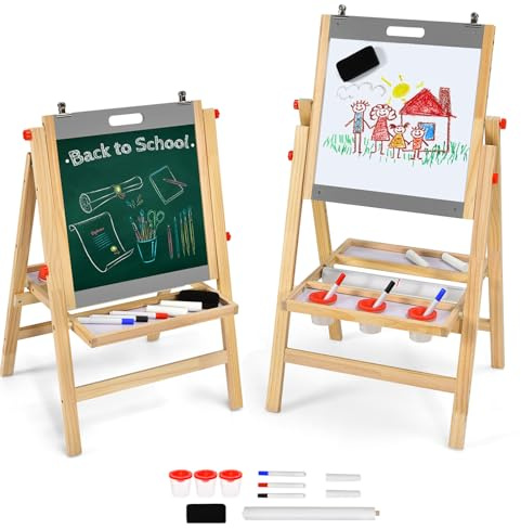 COSTWAY Wooden Kids Art Easel with Paper Roller, Storage Tray, Double Sided Easel Blackboard and White Magnetic Board for Children Educational Toys Gifts (Grey Without Storage Bag)