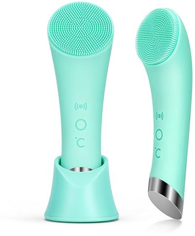 Silicone Face Scrubber, Rechargeable Facial Cleansing Brush with Heat Massage End, Vibrating Exfoliating Face Scrubber for Women and Men, Exfoliating Massage Device for Deep Cleansing (Green)