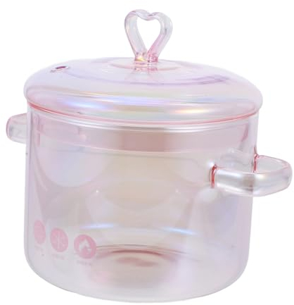 KICHOUSE Glass Soup Pot with Lid and Double Handles 1500ml, High Borosilicate Glass Stew Pot for Household Cooking, Portable Instant Noodle Bowl in Pink for Kitchen Use
