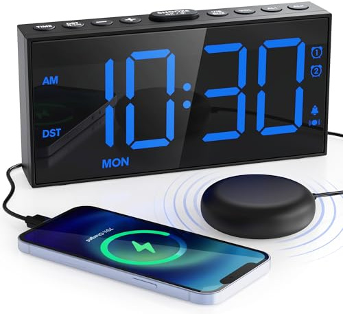 Mesqool Alarm Clock with Bed Shaker for Deaf/Hearing Impaired, Brightness Adjustable, Dual Alarms, Battery Backup, Weekend Mode, USB Rechargeable, Vibration Alarm Clock for Desk Bedroom