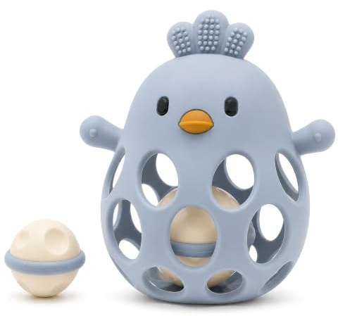 farout Montessori Beißring & Rassel für Babys - Sensorik Spielzeug ab 0 Monate, Zahnungshilfe & Greifball - Geschenk für Jungen & Mädchen (Grey Blue)
