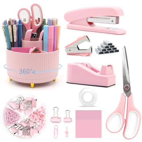 Accesorios de Escritorio Rosa,Set Portabolígrafos Giratorio,Material de Oficina Rosa con Grapadora Set Dispensador de Cinta, Regalos para Empleados de Oficina,Estudiantes