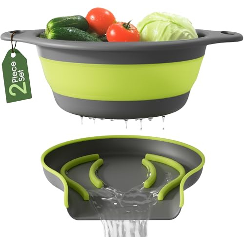 Gevoli Large Collapsible Colander with Self Draining Base - 5Qt Side Drain Food Strainer for Edge of Kitchen Sink (Patent Pending) Green (2 Piece Set)