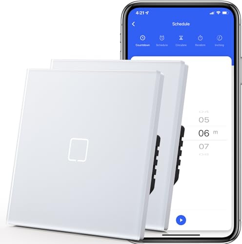 MVAVA Interrupteur Tactile Connecté Intelligent, WiFi Interrupteur de Verre Compatible avec Alexa/Google Home, Ligne neutre nécessite, 86MM, 1 Gang 1 Way 2 Pack, Blanc