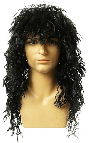 CATMEYE Parrucca da Uomo in Stile Rocker Anni '70 '80 – Parrucca Nera Riccia Lunga con Taglio Mullet per Cosplay, Feste e Disco (Nero)