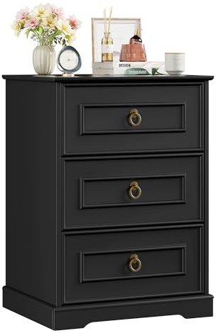 FOREHILL Nachttisch schwarz Nachtschrank mit 3 Schubladen im Landhausstil | Nachtkästchen Vintage, Nachtkommode für Boxspringbett, Beistelltisch für Schlafzimmer, Wohnzimmer, 45,5 x 38 x 64 cm