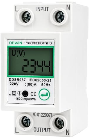 DEWIN Contador Electrico Digital Monofasico, 220V 5 (80) A Medidor de Consumo Electrico Monofasico kWh Contador de Energía Riel DIN con Memoria ante Corte de Corriente y Reinicio con una Sola Tecla