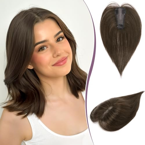 RUWISS Haar Toppers Echthaar für Damen Braun Hair Topper Leichtes Clip in Haarteil für Frauen Glatter Hair Topper ohne Pony - Braun