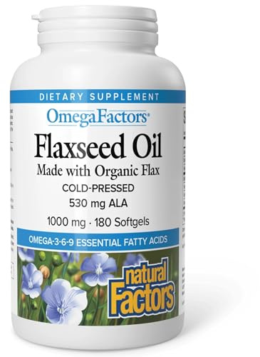 Omega Factors by Natural Factors, Flaxseed Oil, Supports Overall Health with Omega-3, 6 and 9 Fatty Acids, 180 softgels (180 servings)