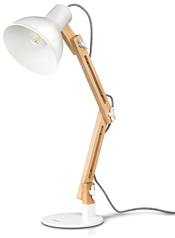 tomons Lampada da Lettura Design Legno Classico, Lampada da Tavolo, Lampada Regolabile Scrivania, con Braccio Snodato, Eye-friendly, Bianco