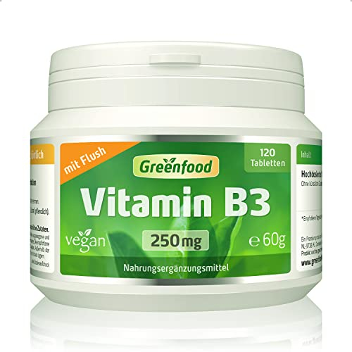 Vitamin B3 (mit Flush!), hochdosiert, 250mg - 120 Tabletten, vegan. Niacin - für Energie, Balance und Vitalität. OHNE künstliche Zusätze - laborgeprüft. Von Greenfood.