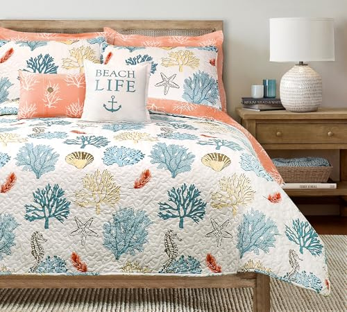 Lush Decor Wende-Bettwäsche-Set mit Federmuschel-Design, Blau und Korallenrot, Motiv Full Queen, 7-teilig