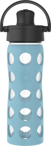 Lifefactory 16-Ounce Glass Water Bottle with Active Flip Cap and Protective Silicone Sleeve, Denim