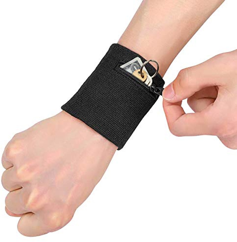 Schweißband mit Reißverschluss Schwarz – Handgelenkband mit Tasche für Sport, Fitnessstudio, Laufen, Basketball, Workout