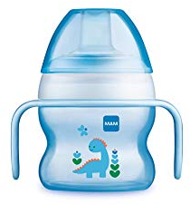 MAM Learning Cup, from 4 Months, 150 ml, Baby's First Cup, Asymmetric Spill Proof Silicone Easy Acceptance Spout, with Glow-in-The-Dark Handles, Blue, Pack of 1