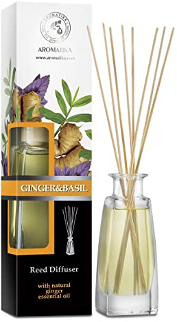 Difusor de Aroma de Jengibre & Albahaca 100 ml - Fragancia de Habitación & de Hogar - Ambientador - Difusor Perfumado - Regalo - Aromaterapia - Restaurante - Boutique - Reed Diffuser Ginger&Basil