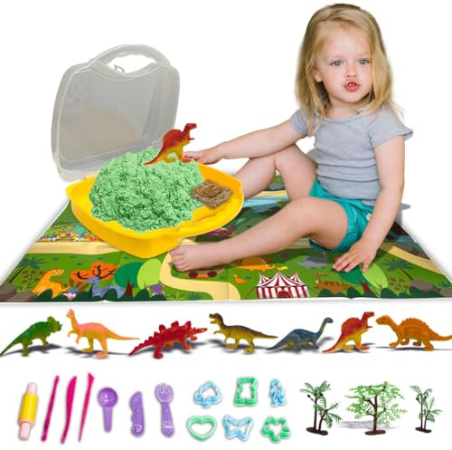 koolbitz Kids Molding Play Sand Art & Accessories with Carry Case, Dinosaur Castle Sand Mold Tools, Dinosaur Jungle Figures, Sand Sculpting Kit Motion Gift for Boys & Girls