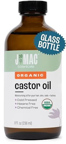 J MAC BOTANICALS, Organic Castor Oil Cold Pressed (Glass Bottle, 8 oz) pure unrefined, hexane free for face, skin, eyelashes, pack wraps, pads