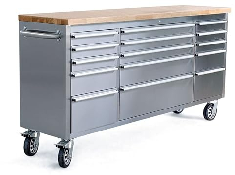 Edelstahl Werkstattwagen Werkzeugwagen rollbar 15 Schubladen Holzplatte