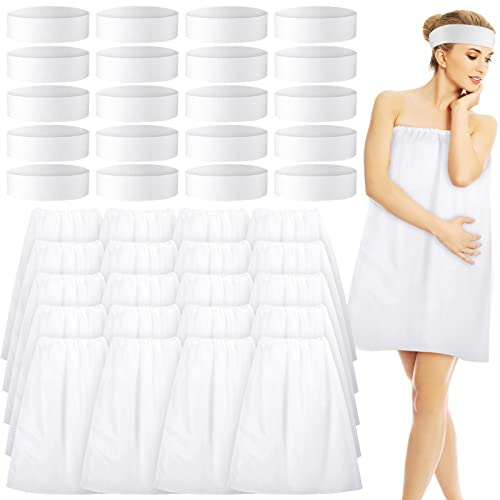 Jiuguva 40 Pcs Disposable Facial Headband and Spa Wrap Bathrobe Non Woven Bath Wrap Adjustable 20 Towel 20 Spa Stretch Headbands for Women Skirt Sweat Steaming Hair Gift, White