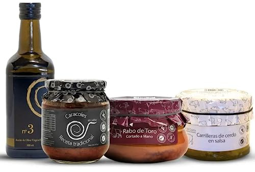 Extra Virgin Olivolja 500Ml (1) + Stuvad Oxsvans 640g (1) + Fläskkind i vitt vin 440g (1)+Sniglar i sås 550g (1). Hemlagat och hantverksrecept. Gourmetkonserver. Gourmetmat från Spanien. Gourmet Food.