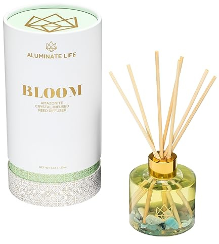 ALUMINATE LIFE Crystal Infused Reed Diffuser, 4 OZ, Bloom - Amazonite Crystal Infused - Scents of Lavender, Neroli, and Jasmine - Hope, Discovery, & Growth - Home Decor, House Warming, Room