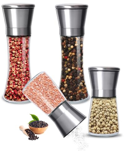 Gucass Set de Molinillos de Sal y Pimienta Ajustables, 4 Piezas Molinillo Manual de Acero Inoxidable con Molino de Cerámica con Grosor Ajustable, 200&180 ml, Ideal para Especias, Chiles