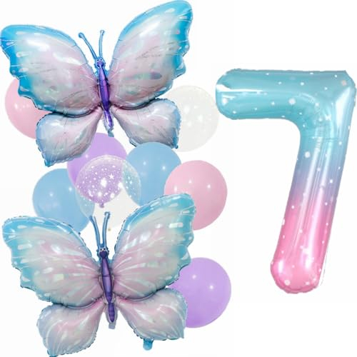 Kiwochy Gradient Pink Schmetterling Ballons 7. Geburtstag Dekoration Mädchen Deko Party Set Riesige Bunte Folie
