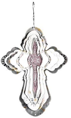 Dicksons WS-4 ausgeschnittenes Kreuz-Windspiel mit Aufhänger, 38,1 x 20,3 cm, Edelstahl, schillernd, für den Außenbereich, Veranda, Terrasse, Balkon, Rosa und Weiß
