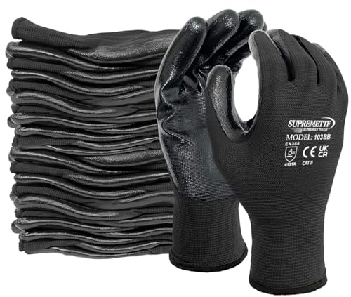 Supreme TTF 240 Pairs NITRILE COATED Red Black White Work Gloves Automotive Builders Mechanic Constructions Gardening GRIP (Black Black, X-Large [10])