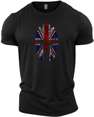 GYMTIER Spartan Helmet Union Jack Men's Gym T-Shirt Bodybuilding Training Workout Lifting Top Clothing, Black, 5XL