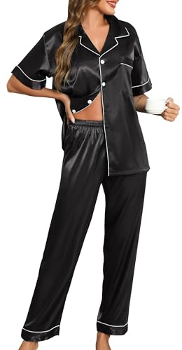 Lovasy Pigiama Raso Donna a Maniche Corte Pigiama Due Pezzi Seta Corto Set con Bottoni Revers Pigiama con Tasche, Y-Nero M