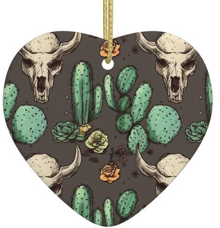 Décoration de Noël en forme de tête de mort de taureau et cactus mignon en forme de cœur en céramique à suspendre pour sapin de Noël avec corde dorée Pendentifs en porcelaine pour décoration de fête