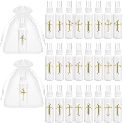 CroBlissful 24 Pcs 2 oz Holy Water Spray Bottles Catholic Bulk Plastic Holy Water Empty Containers with Organza Bags for Church Events Wedding Baptism Party Favors