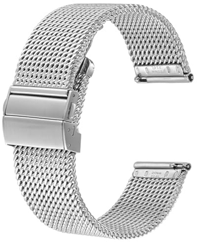 BISONSTRAP Cinturini per Orologi in Metallo, Fibbia Pieghevole, Cinturini in Maglia di Acciaio Inossidabile 316L, Cinturino di Ricambio a Sgancio Rapido per Uomo e Donna, 22mm, Argento