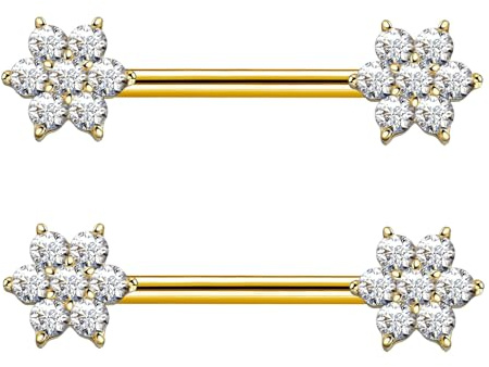 Gojewen Piercing pezón Oro 14G Acero inoxidable Anillo pezón Flor 14mm Barbell Piercing Joyería para Mujeres