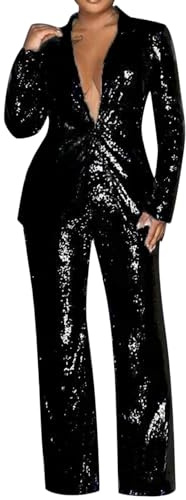 Byxdress dam festlig elegant, glitter kostym dam paljetter tvådelad långärmad kavaj och byxor business byxor slim fit streetwear dam kostym 2 stycken set festliga paljetter set, svart, M