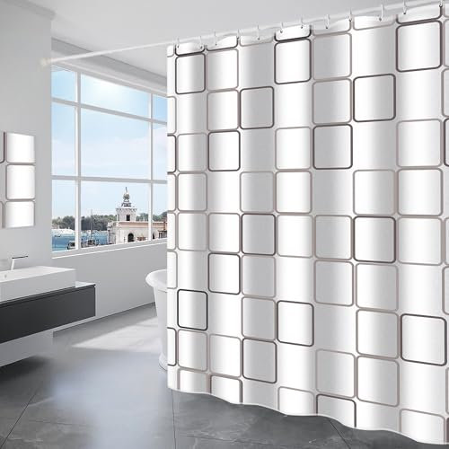 GRICOL Cortina de Ducha Cortina de Baño Poliéster Impermeable Cortina Bañera con 12 Ganchos para Ducha y Baño 180 x 200 cm Blanco Cuadro