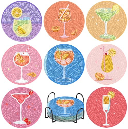 8 Pcs Diamond Painting Kits Coasters,Vintage Cocktail Diamond Art Coasters,5D DIY Full Drill Dots,Gem Art Kits for Adults Arts and Crafts Supplies