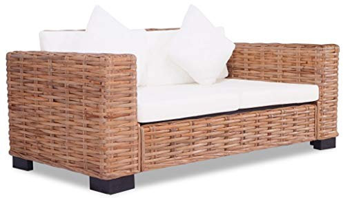 Homgoday Rattansofa 2-Sitzer mit Kissen - Naturrattan & Mangoholz - Innenbereich - Cremeweiß - 157x80x64 cm Model244418