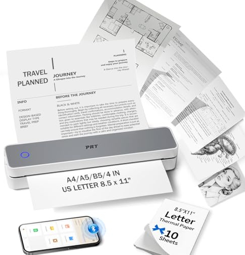 PRT Inkless Portable Printer for Travel, Wireless Thermal Printer Support 8.5 x 11 Inch US Letter A4 B5, Bluetooth Mobile Printers with iOS, Android, Laptop for Home Use, Car, Office, School, Grey