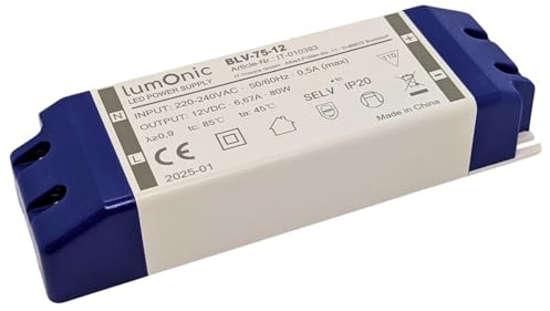 Lumonic I Transformador LED BLV-80-12 I 12V 80W I Input 220-230VAC I sin parpadeos I Protección contra sobrecargas I Fuente de alimentación LED I para iluminación LED
